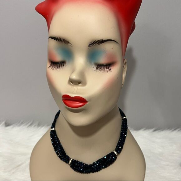 Vintage Iridescent‎ Blue Beaded Diamondesque Rope Choker Necklace - Picture 3 of 11